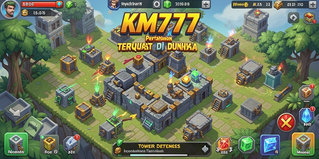 Tangkapan layar KM777 menampilkan strategi Tower Defense yang intens.