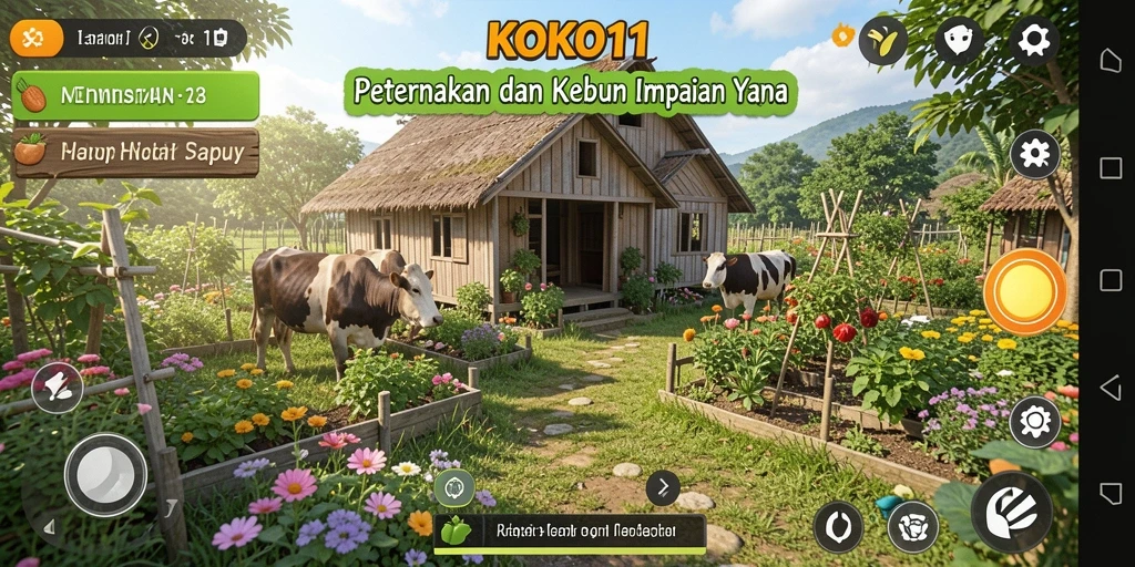 Tangkapan layar KOKO11 menampilkan kebun yang subur dan aktivitas pertanian yang menyenangkan.