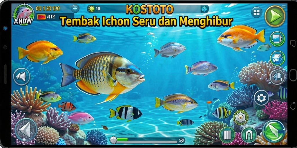 Screenshot gameplay KOSTOTO dengan berbagai ikan dan senjata.