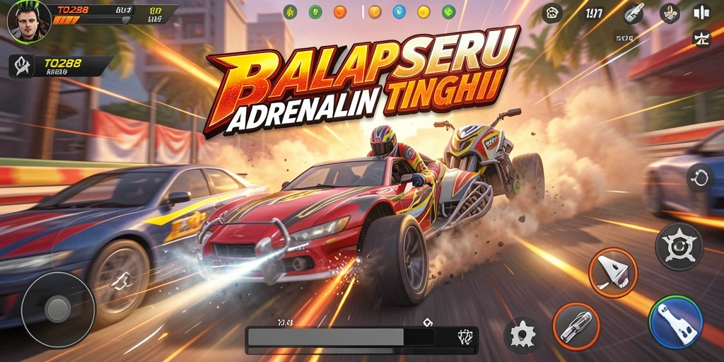 Screenshot gameplay TO288 menampilkan aksi balapan yang mendebarkan dan mobil yang beragam.